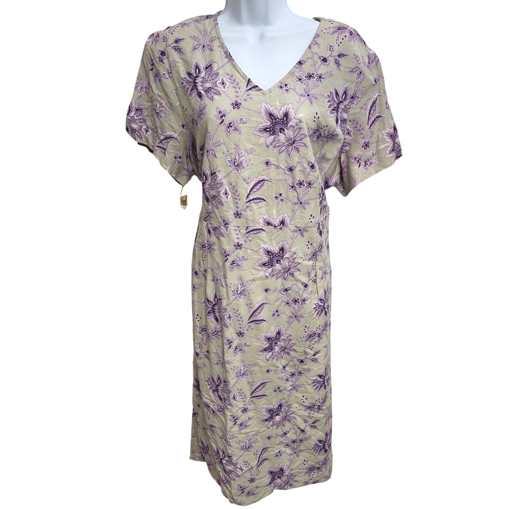 Vintage 90s Cherokee Linen Blend Floral Dress Purple Beige Cottagecore Midi XL
